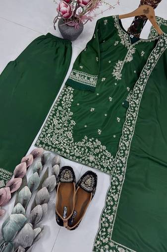 Green crepe embroidered readymade suits