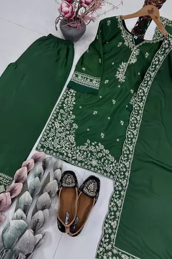 Green crepe embroidered readymade suits
