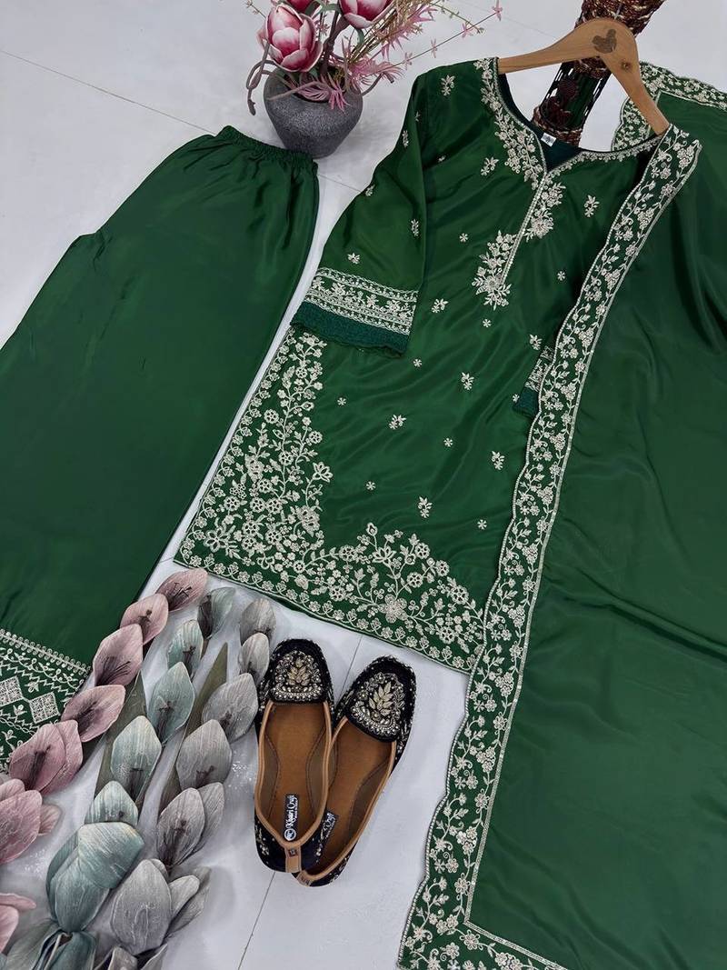 Green crepe embroidered readymade suits