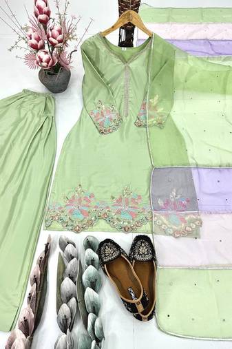 Green crepe embroidered readymade suits