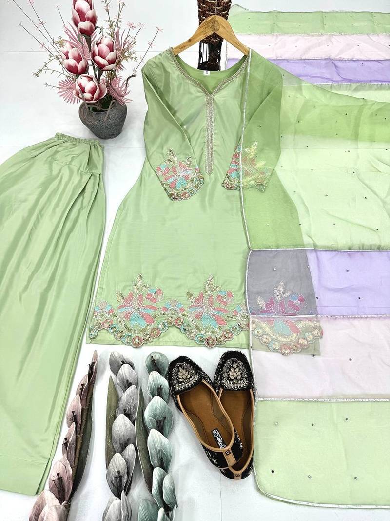 Green crepe embroidered readymade suits