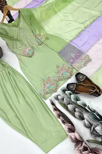 Green crepe embroidered readymade suits