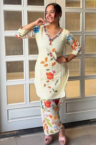 White cotton printed readymade suits
