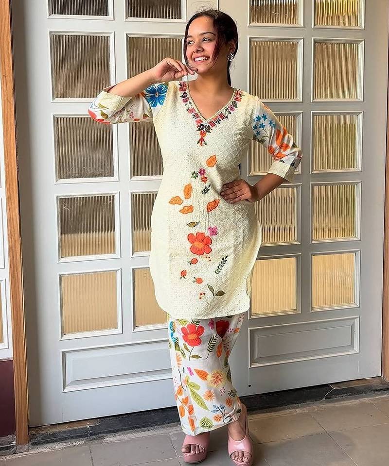 White cotton printed readymade suits