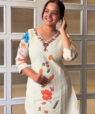 White cotton printed readymade suits 2