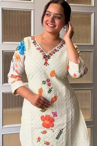 White cotton printed readymade suits