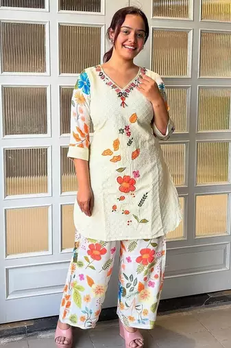 White cotton printed readymade suits