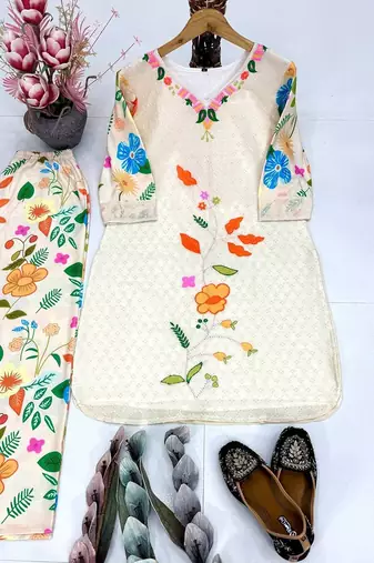 White cotton printed readymade suits