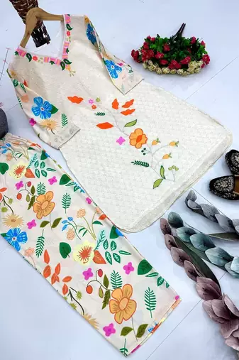 White cotton printed readymade suits