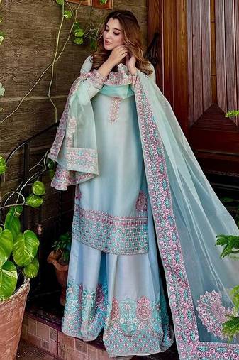 Sky blue art silk embroidered readymade suits