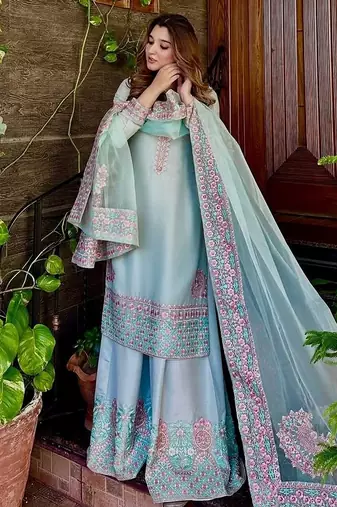 Sky blue art silk embroidered readymade suits