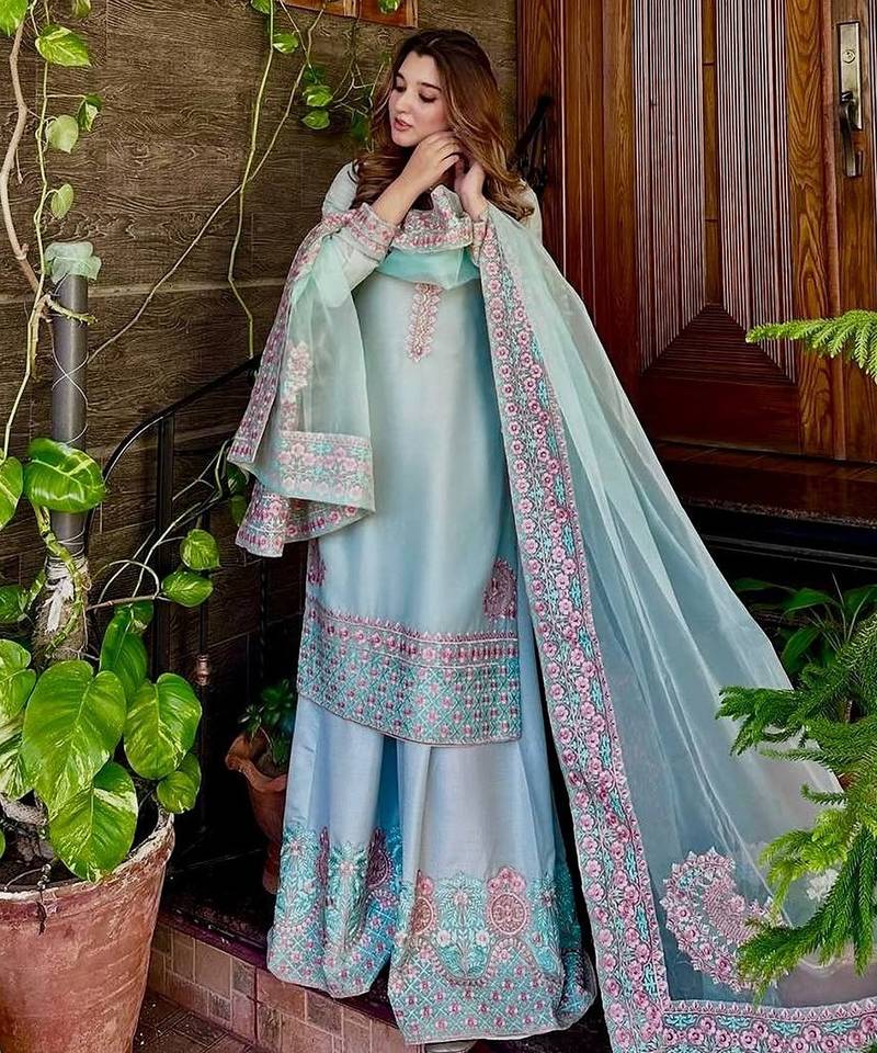 Sky blue art silk embroidered readymade suits