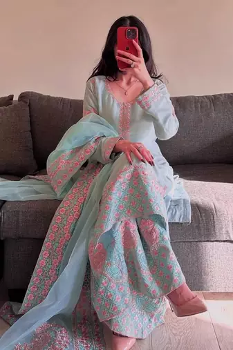 Sky blue art silk embroidered readymade suits