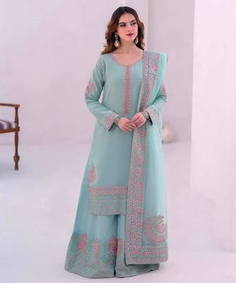 Sky blue art silk embroidered readymade suits 3