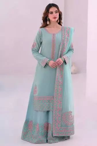 Sky blue art silk embroidered readymade suits