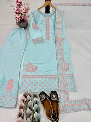 Sky blue art silk embroidered readymade suits 4