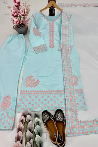 Sky blue art silk embroidered readymade suits