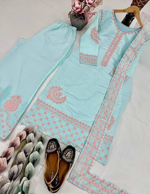 Sky blue art silk embroidered readymade suits 5