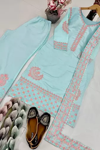 Sky blue art silk embroidered readymade suits