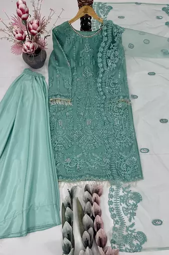 Blue net embroidered readymade suits