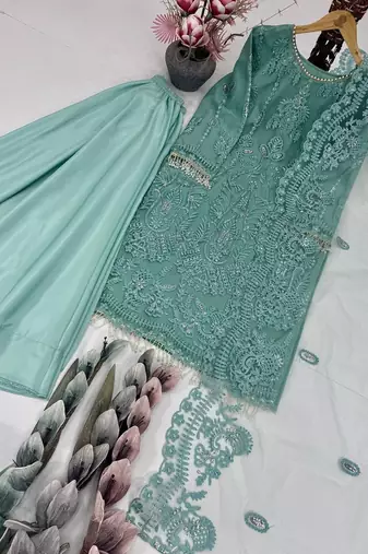 Blue net embroidered readymade suits