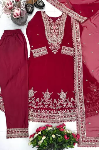 Maroon georgette embroidered readymade suits