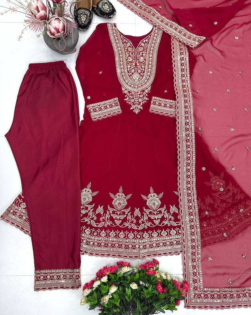 Maroon georgette embroidered readymade suits