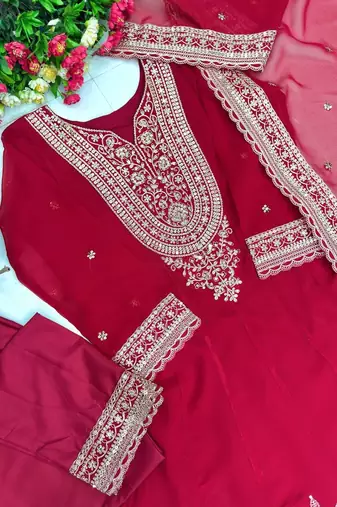 Maroon georgette embroidered readymade suits
