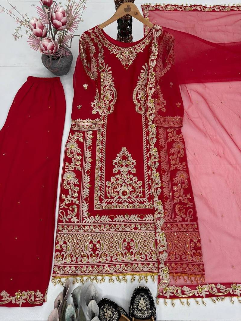 Red georgette embroidered readymade suits
