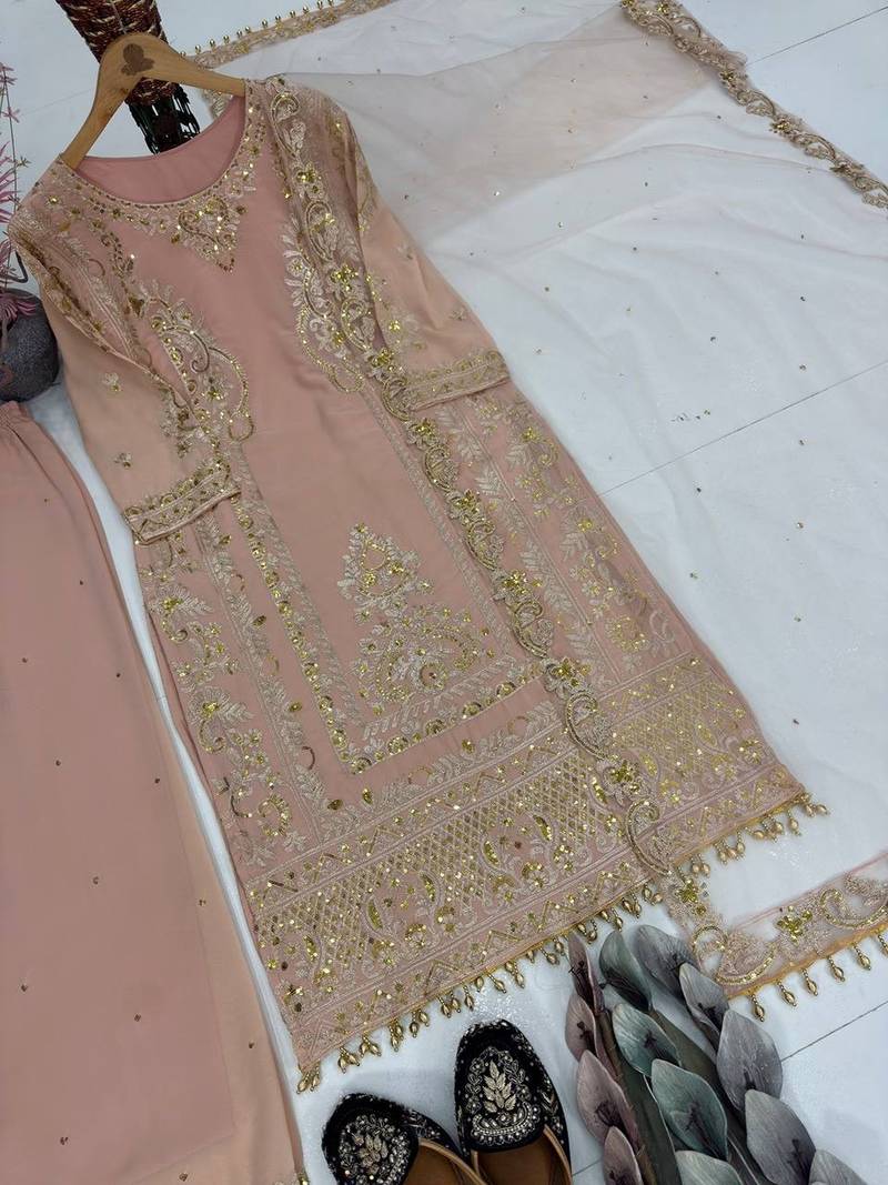Peach georgette embroidered readymade suits