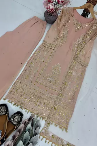 Peach georgette embroidered readymade suits