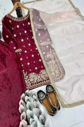 Maroon georgette embroidered readymade suits