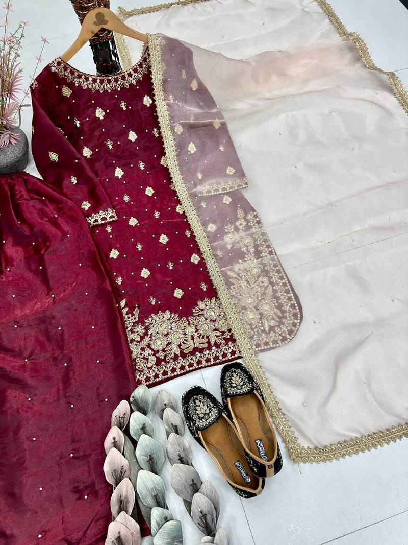 Maroon georgette embroidered readymade suits
