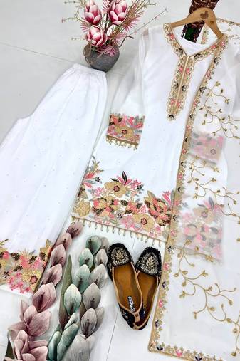 White silk embroidered readymade suits