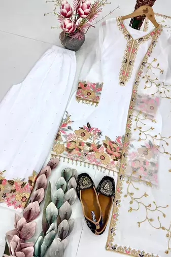 White silk embroidered readymade suits