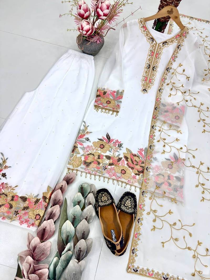 White silk embroidered readymade suits