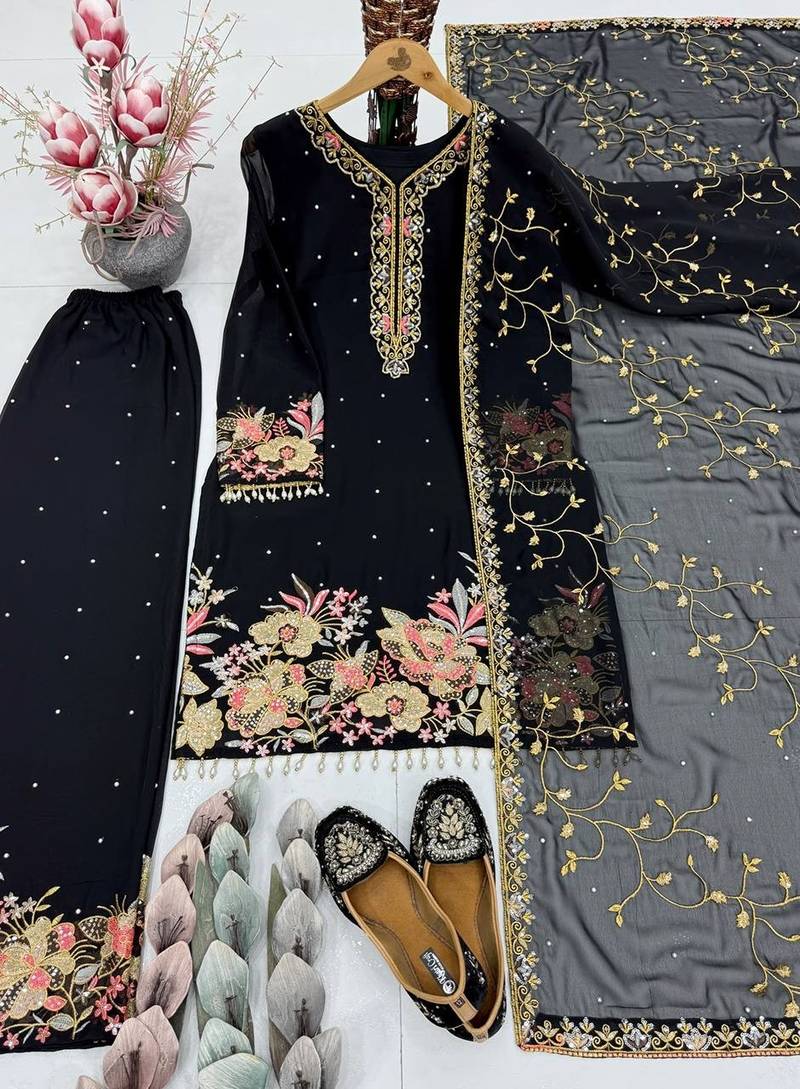Black silk embroidered readymade suits