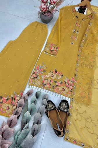 Yellow silk embroidered readymade suits