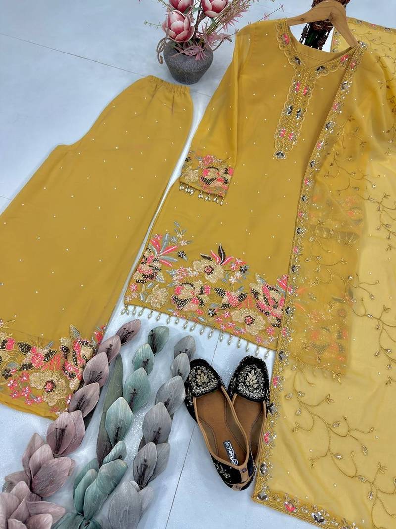 Yellow silk embroidered readymade suits