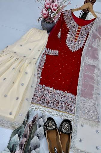 Red georgette embroidered readymade suits