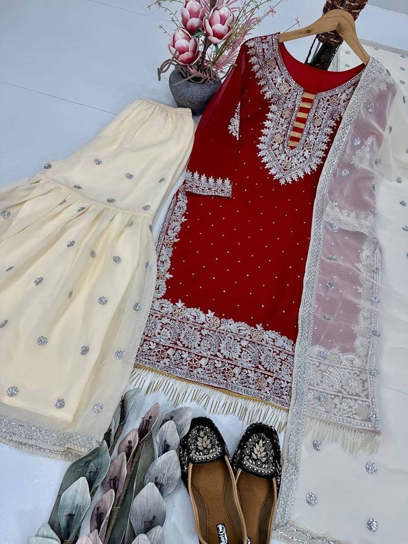 Red georgette embroidered readymade suits