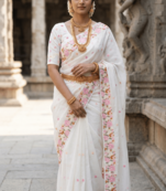 White premium chiffon saree with all over designer embroidery