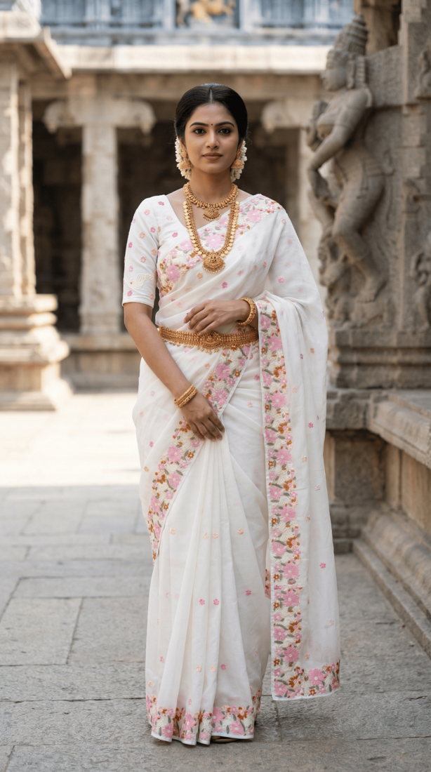 White premium chiffon saree with all over designer embroidery