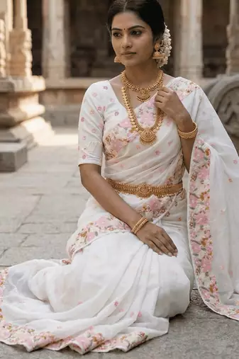 White chiffon saree with all over designer embroidery