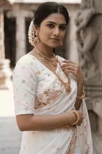 White chiffon saree with all over designer embroidery