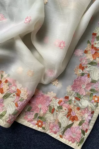 White chiffon saree with all over designer embroidery