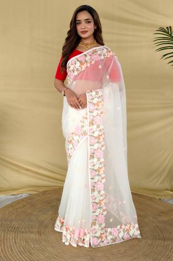 White premium chiffon saree with all over designer embroidery