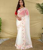White premium chiffon saree with all over designer embroidery