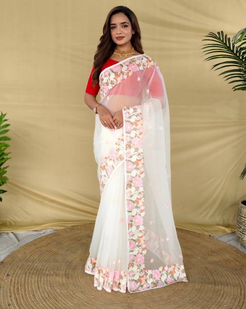White premium chiffon saree with all over designer embroidery