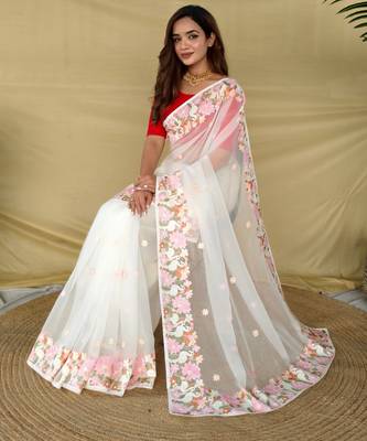 White chiffon saree with all over designer embroidery 2